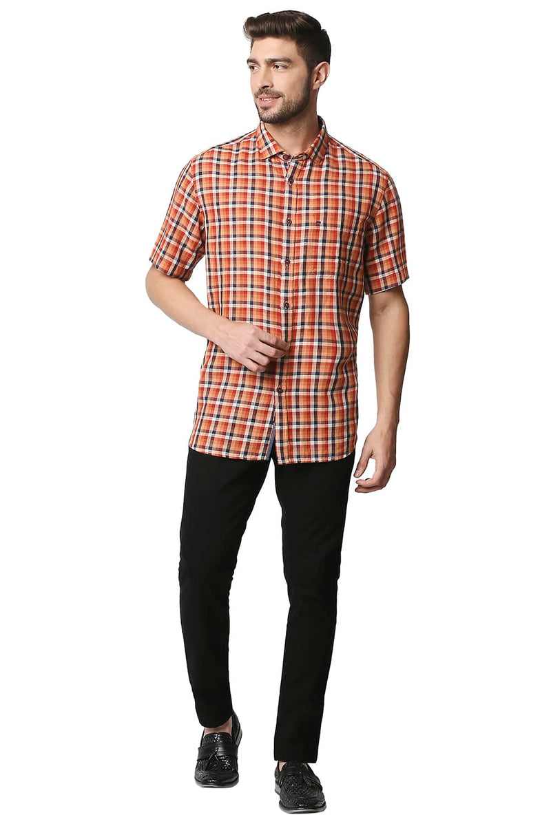 BASICS SLIM FIT COTTON LINEN CHECKS HALFSLEEVES SHIRT