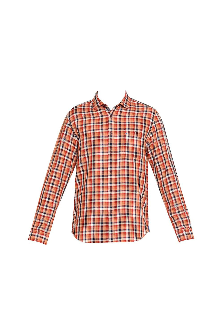 BASICS SLIM FIT CINNAMON ORANGE COTTON LINEN CHECKS SHIRT