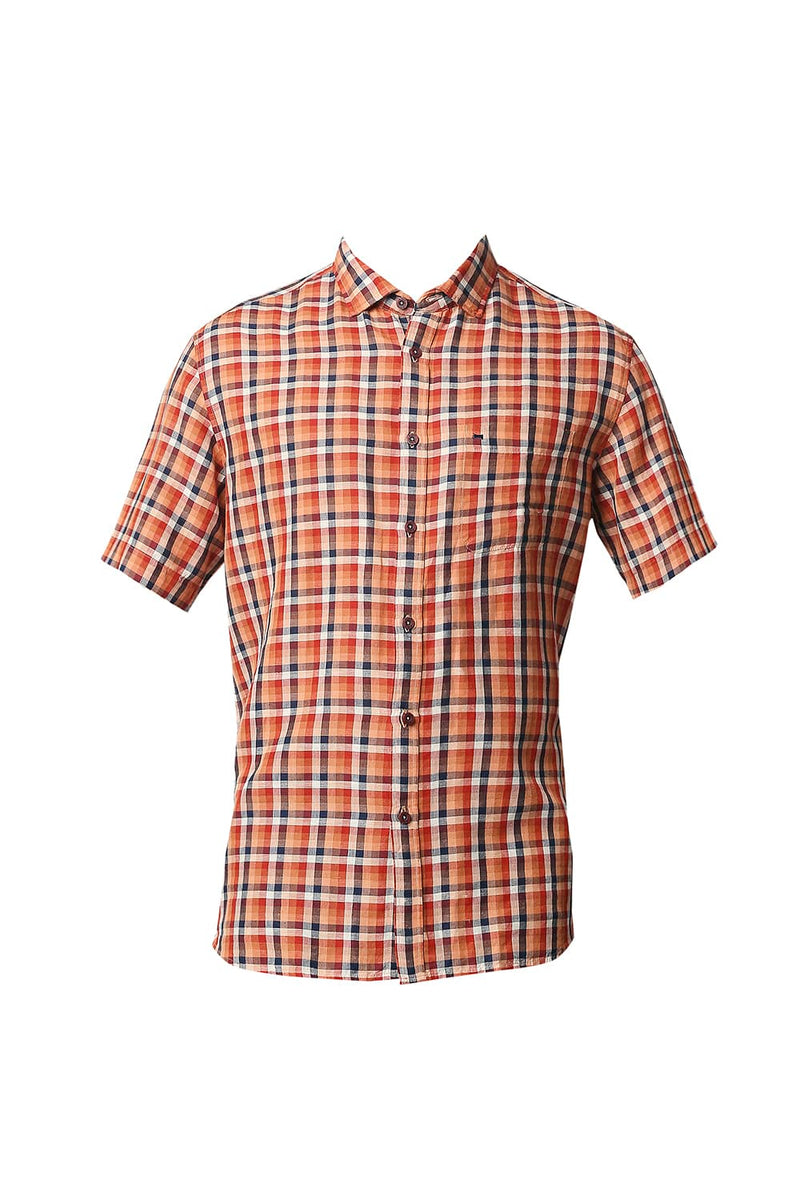 BASICS SLIM FIT COTTON LINEN CHECKS HALFSLEEVES SHIRT