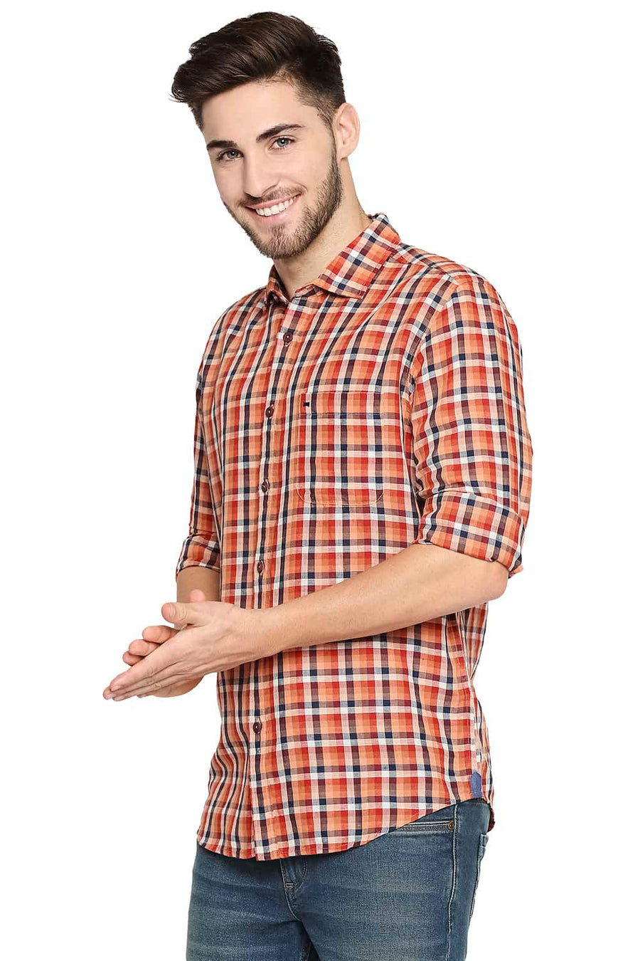 BASICS SLIM FIT CINNAMON ORANGE COTTON LINEN CHECKS SHIRT