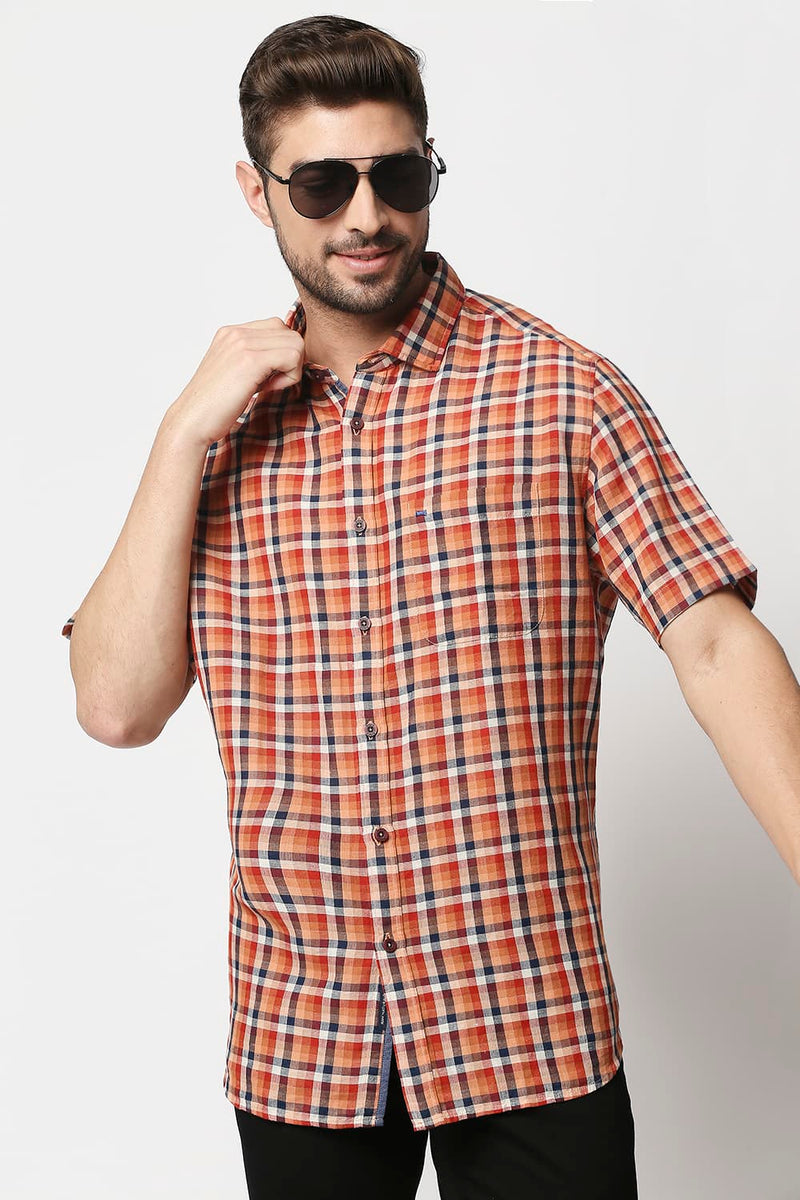 Slim Fit Cotton Linen Checks Halfsleeves Shirt