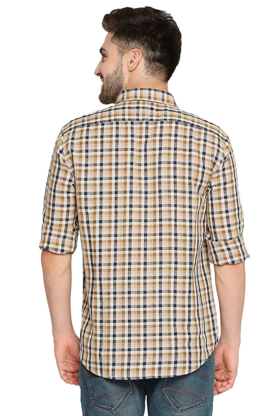 BASICS SLIM FIT TAPENADE KHAKI COTTON LINEN CHECKS SHIRT