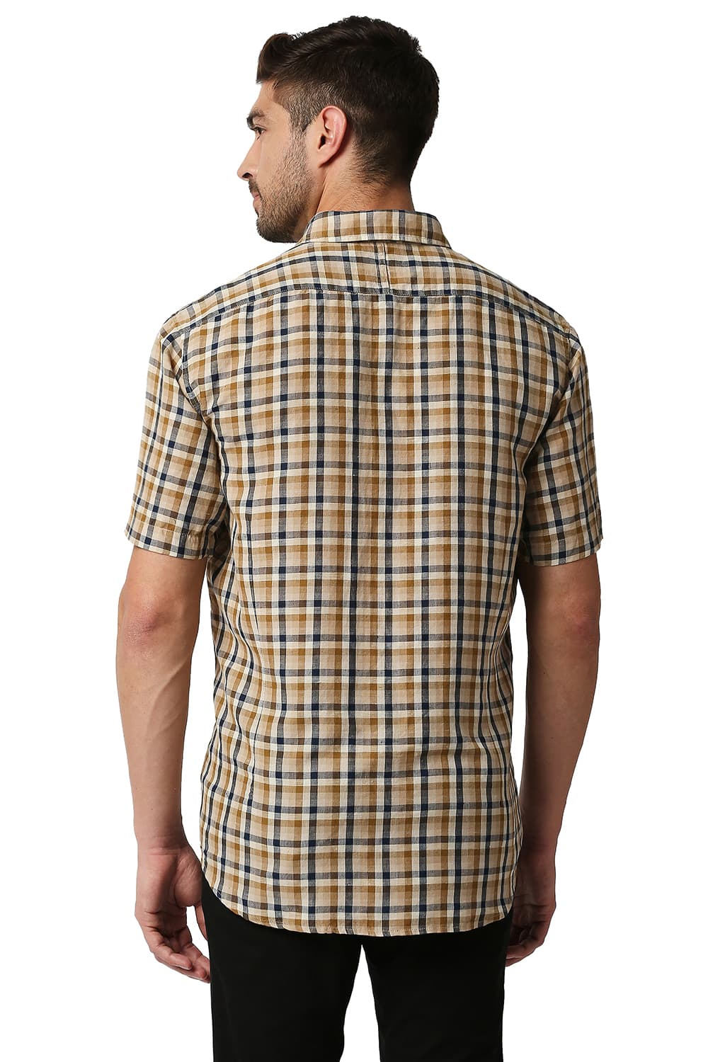 BASICS SLIM FIT COTTON LINEN CHECKS HALFSLEEVES SHIRT