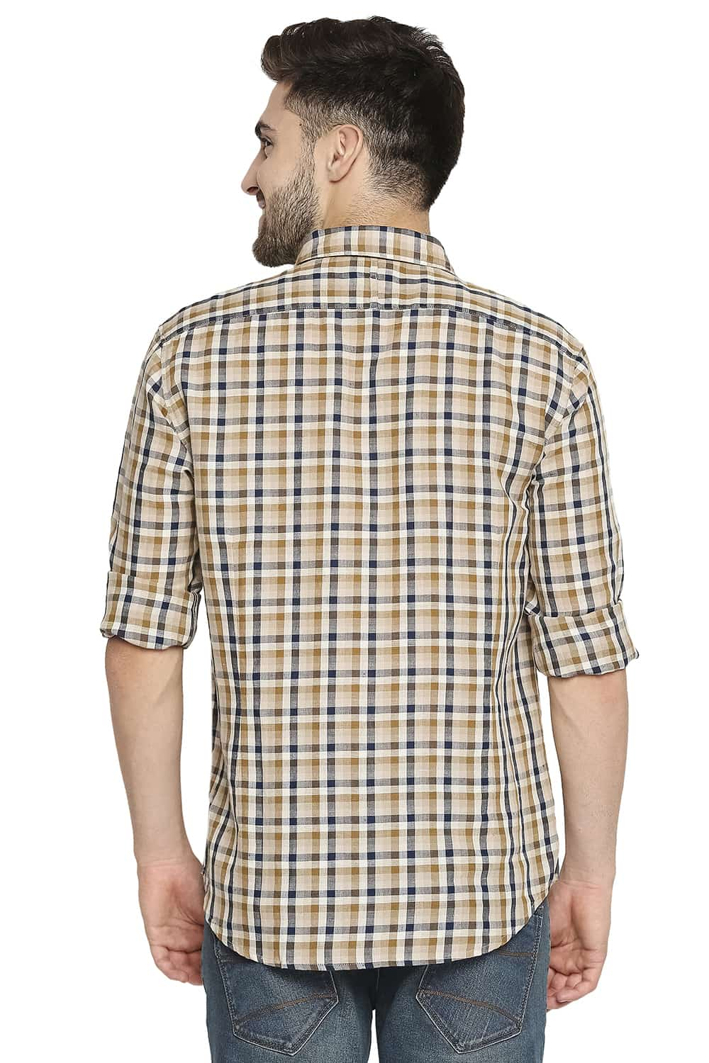 BASICS SLIM FIT COTTON LINEN CHECKS SHIRT