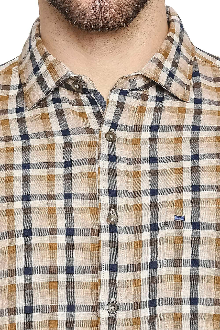 BASICS SLIM FIT TAPENADE KHAKI COTTON LINEN CHECKS SHIRT