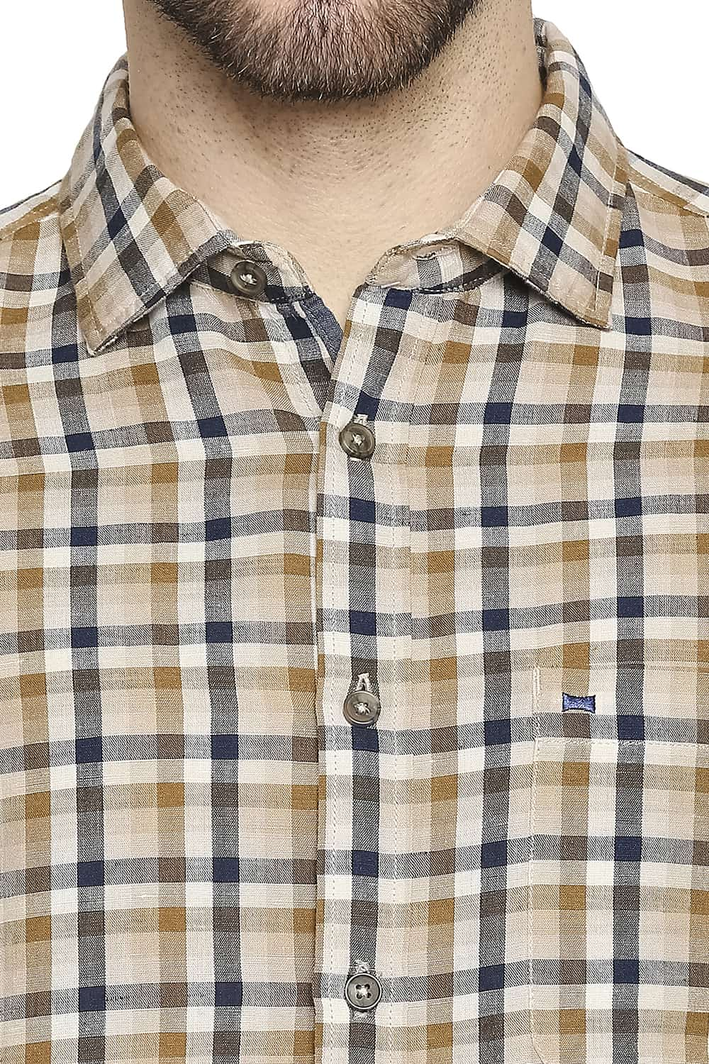 BASICS SLIM FIT COTTON LINEN CHECKS SHIRT