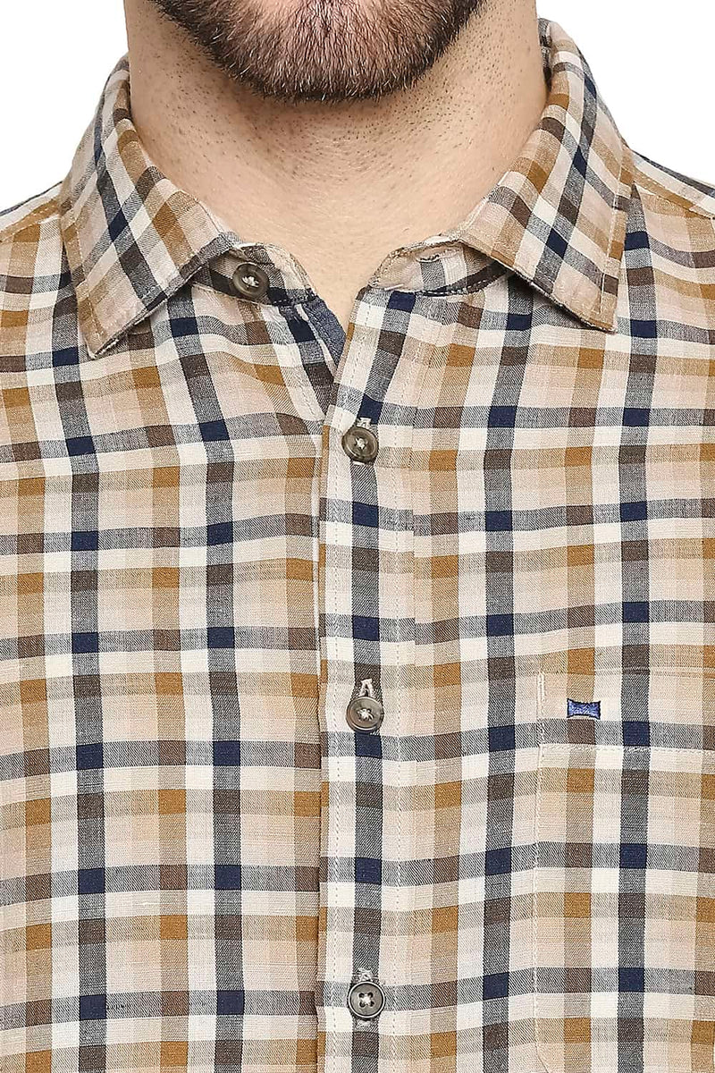 BASICS SLIM FIT COTTON LINEN CHECKS SHIRT