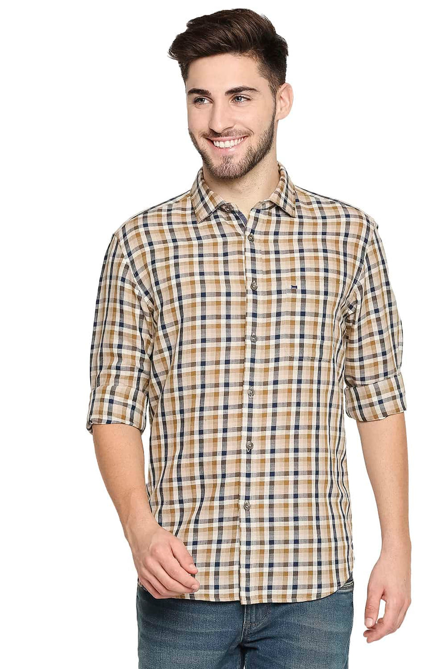 BASICS SLIM FIT TAPENADE KHAKI COTTON LINEN CHECKS SHIRT