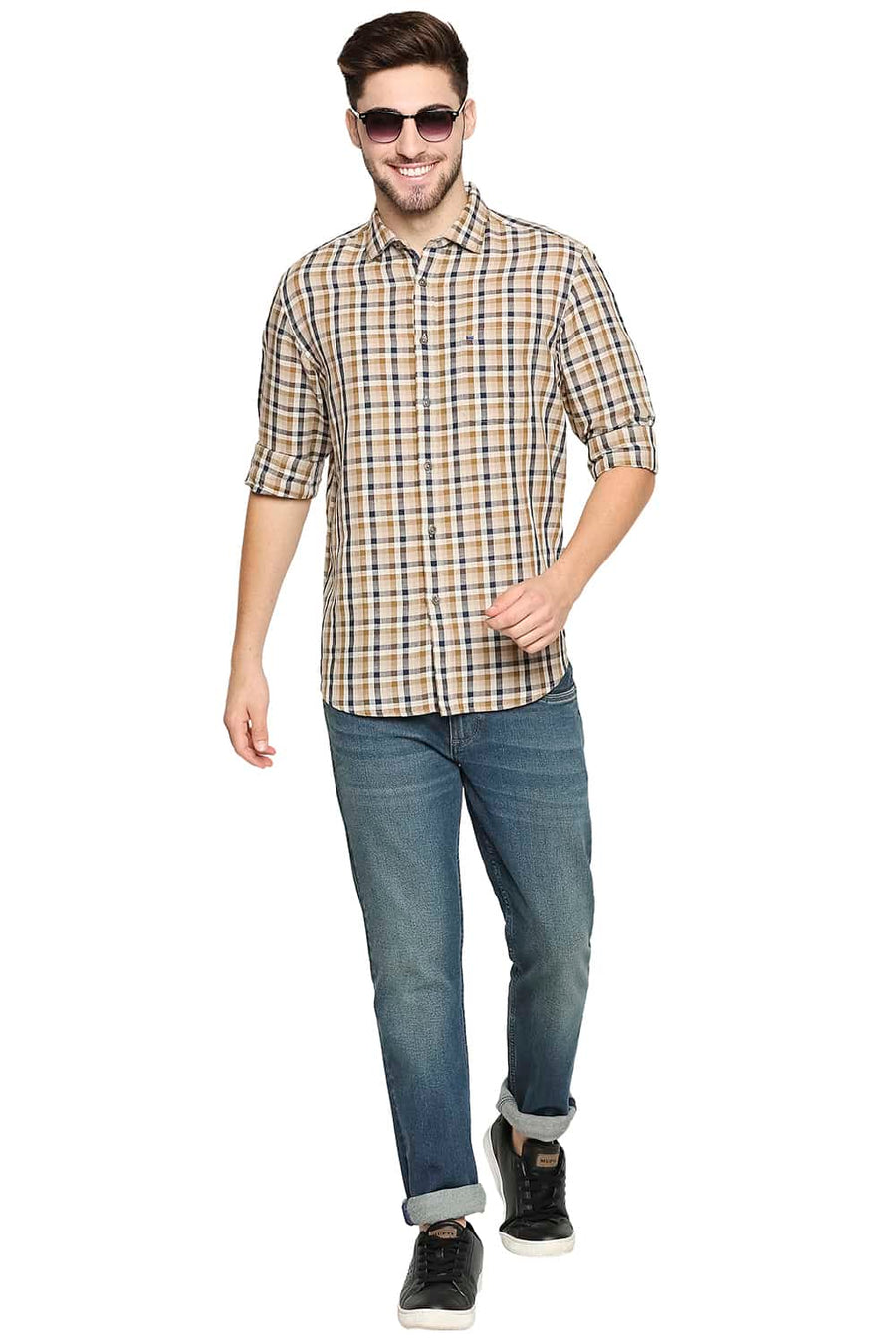BASICS SLIM FIT TAPENADE KHAKI COTTON LINEN CHECKS SHIRT