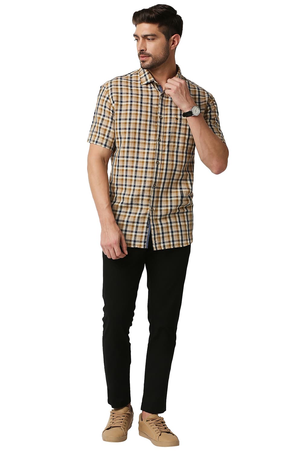 BASICS SLIM FIT COTTON LINEN CHECKS HALFSLEEVES SHIRT