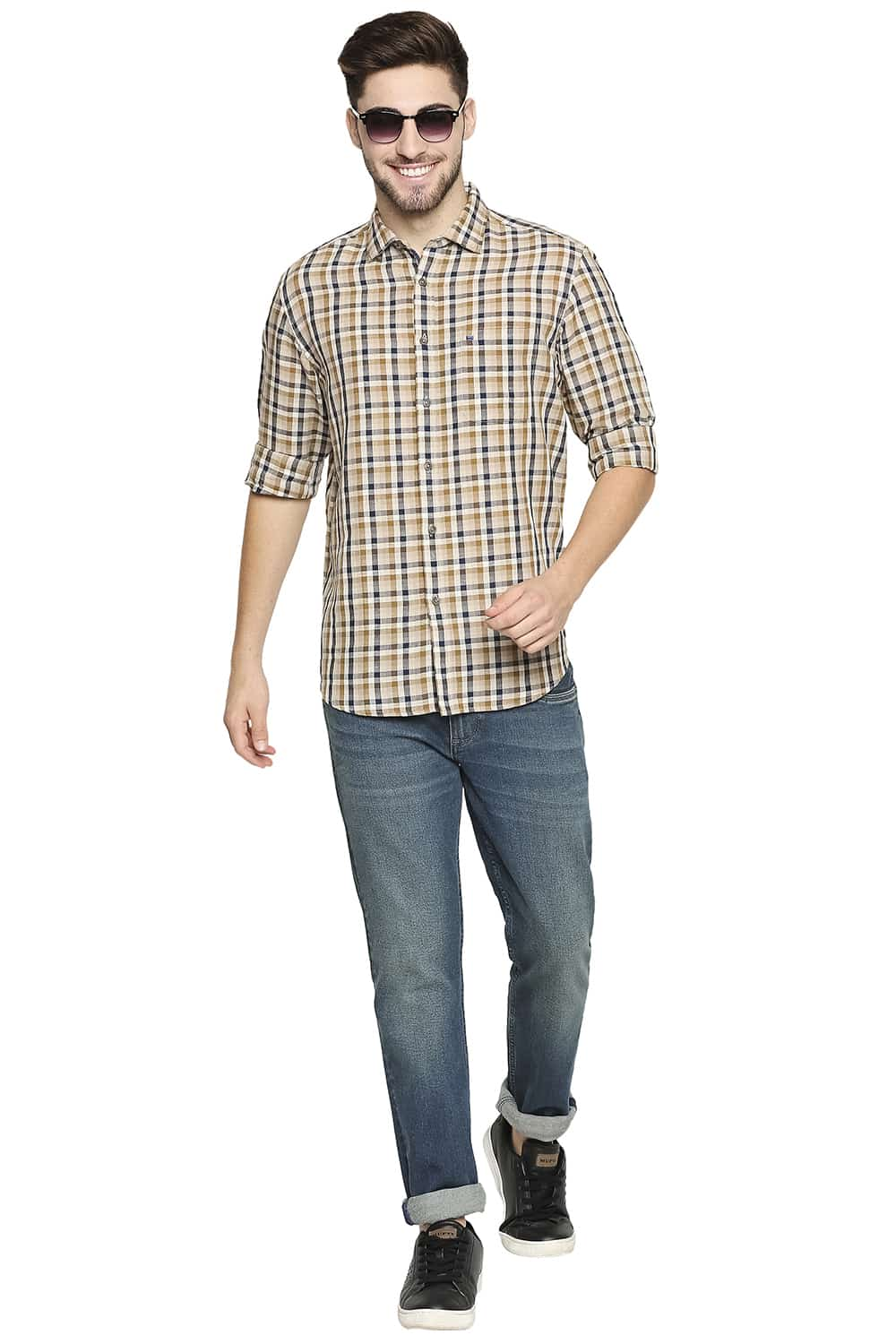 BASICS SLIM FIT COTTON LINEN CHECKS SHIRT