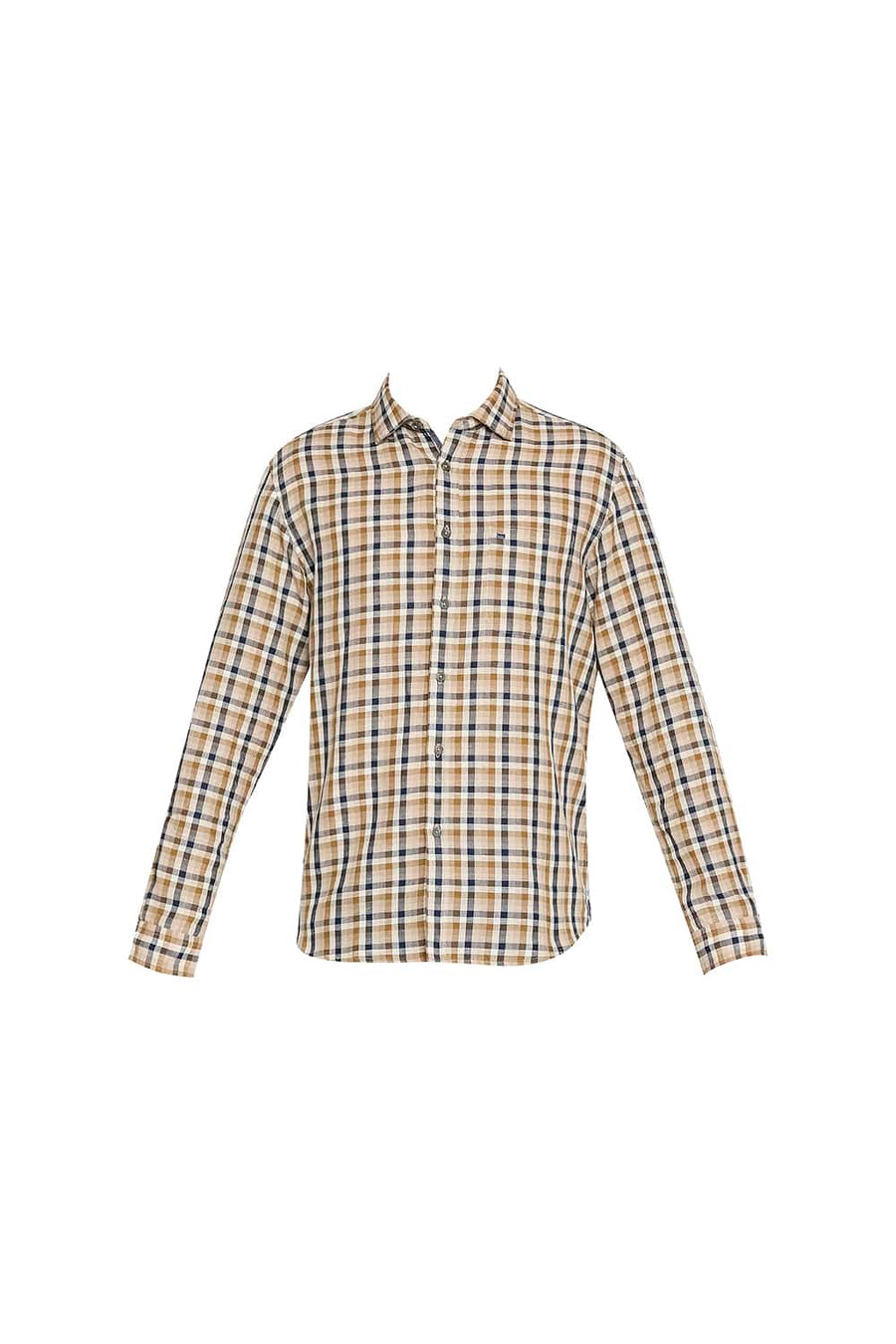 BASICS SLIM FIT TAPENADE KHAKI COTTON LINEN CHECKS SHIRT
