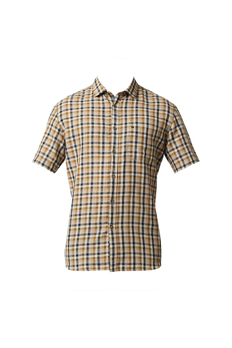 BASICS SLIM FIT COTTON LINEN CHECKS HALFSLEEVES SHIRT