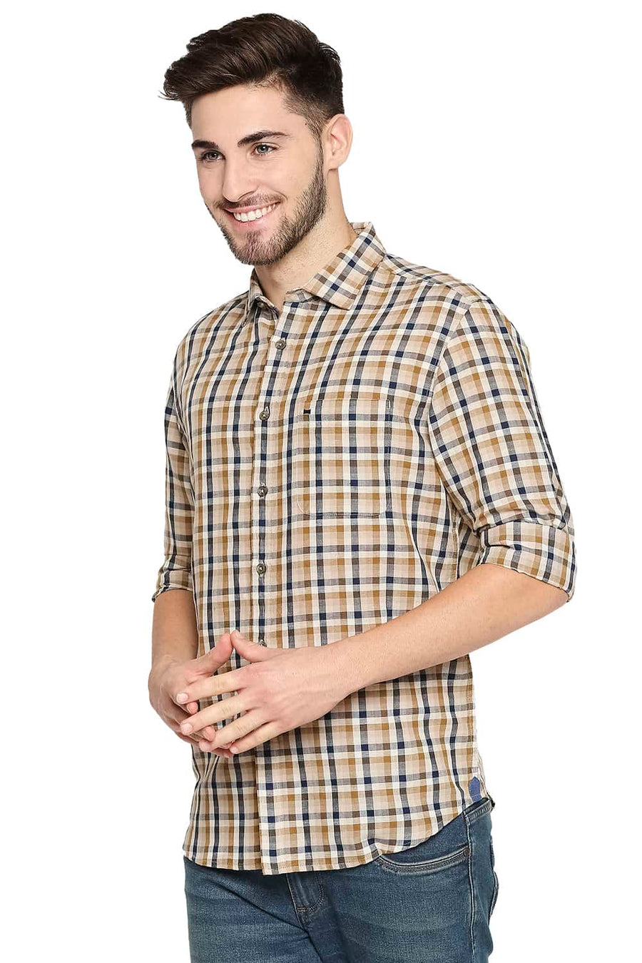 BASICS SLIM FIT TAPENADE KHAKI COTTON LINEN CHECKS SHIRT