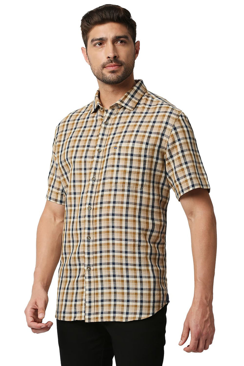 BASICS SLIM FIT COTTON LINEN CHECKS HALFSLEEVES SHIRT