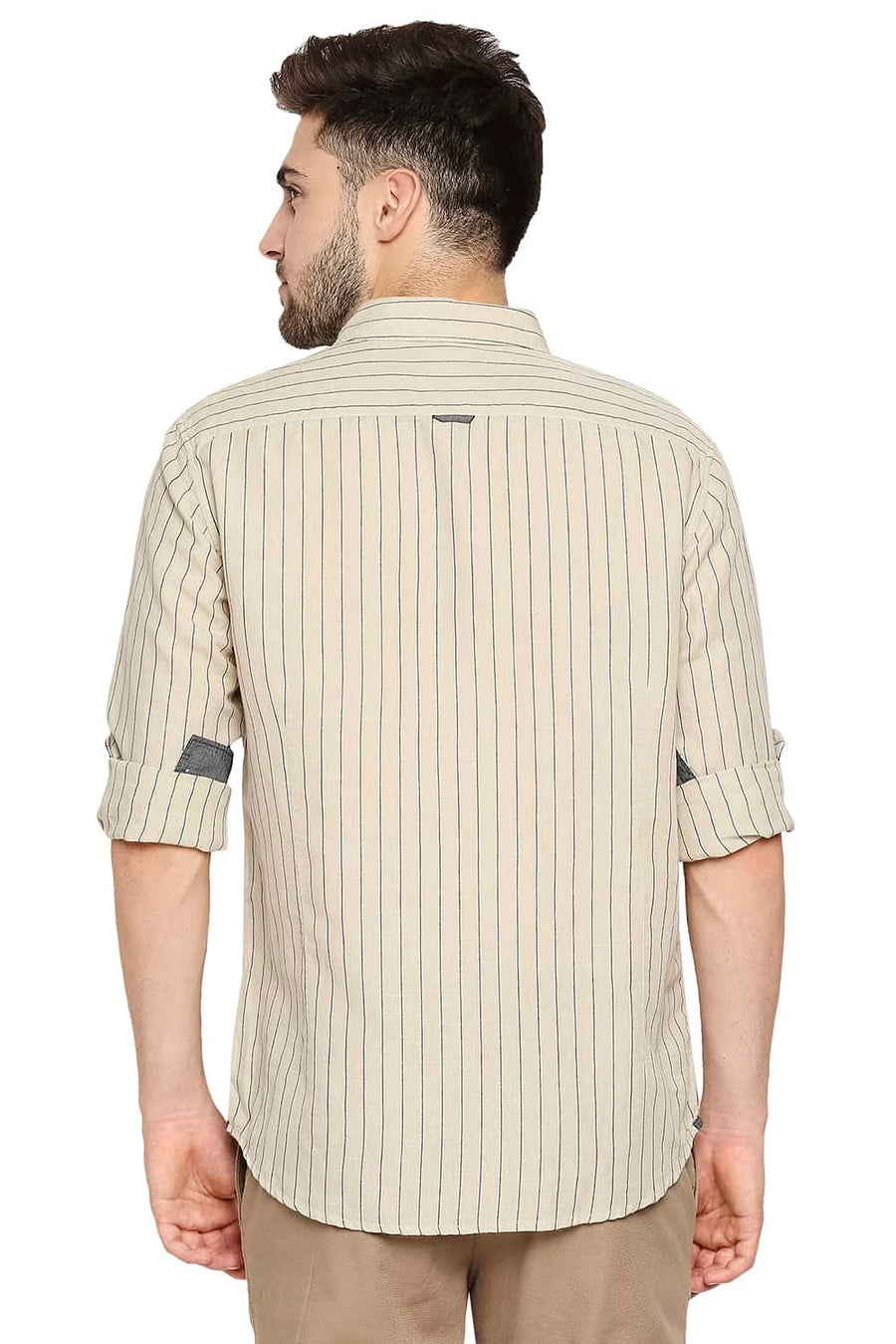 BASICS SLIM FIT SAFARI ECRU COTTON LINEN STRIPE SHIRT
