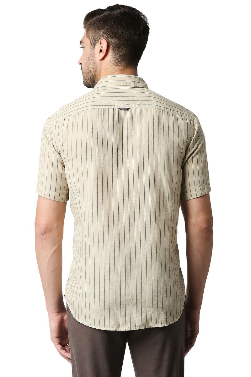 BASICS SLIM FIT COTTON LINEN STRIPE HALFSLEEVES SHIRT