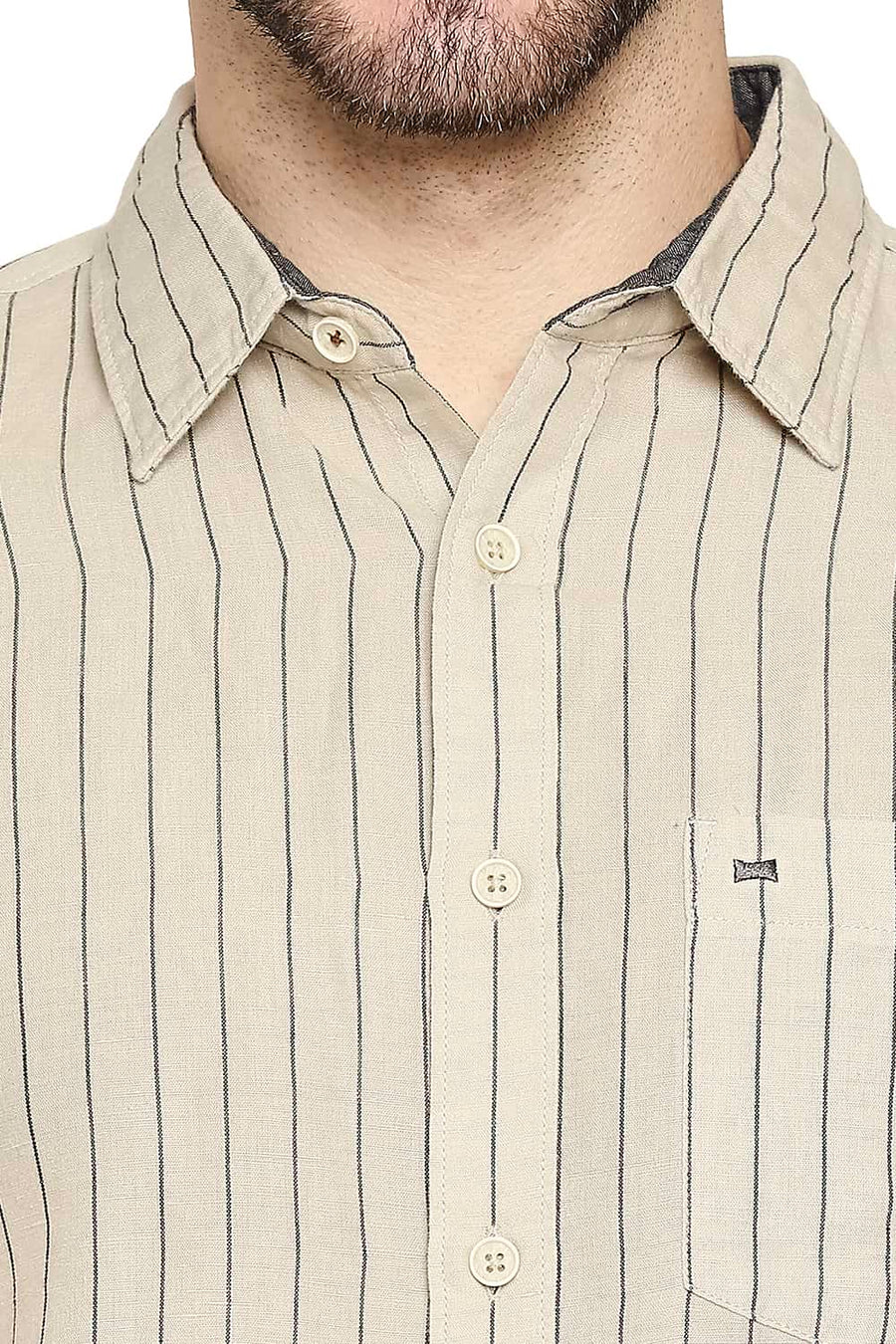 BASICS SLIM FIT SAFARI ECRU COTTON LINEN STRIPE SHIRT