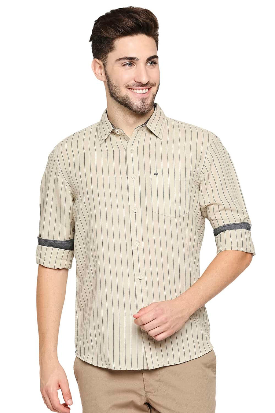 BASICS SLIM FIT SAFARI ECRU COTTON LINEN STRIPE SHIRT
