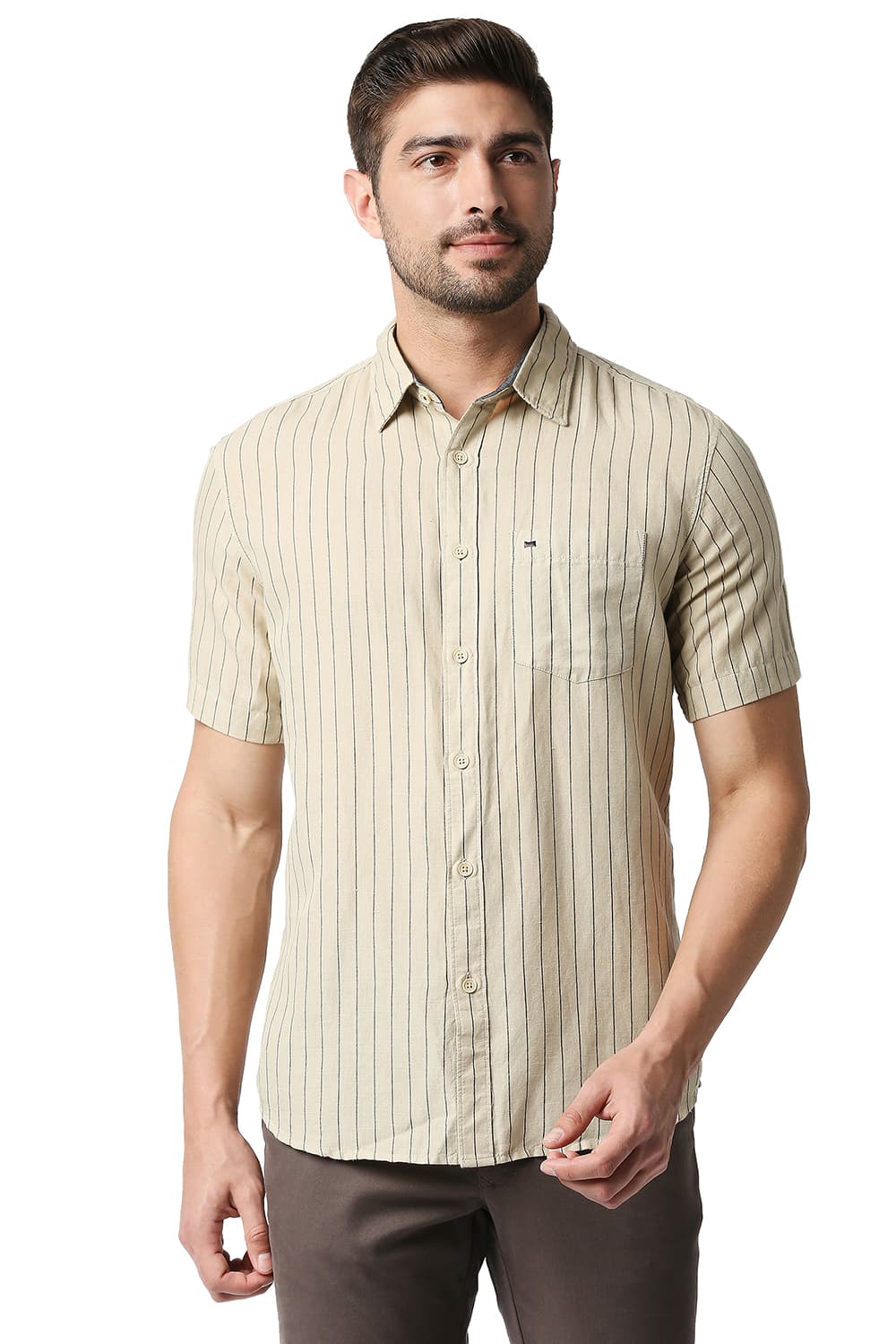 BASICS SLIM FIT COTTON LINEN STRIPE SHIRT