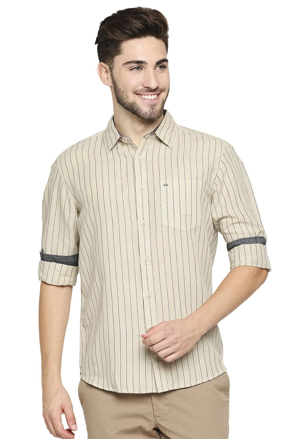 BASICS SLIM FIT COTTON LINEN STRIPE SHIRT