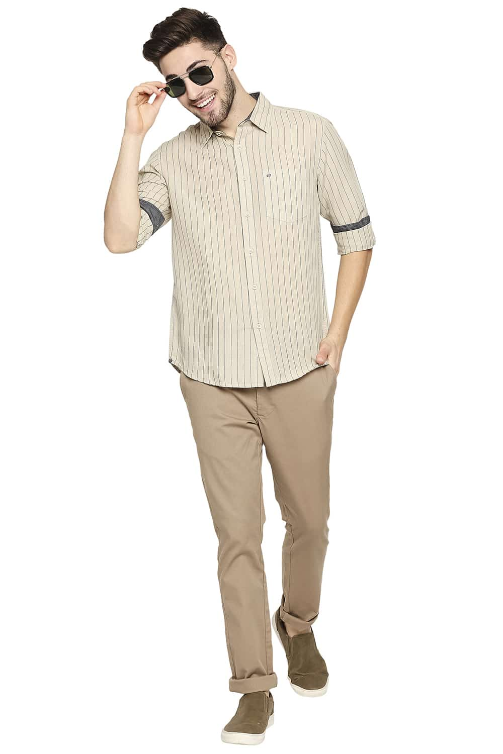 BASICS SLIM FIT COTTON LINEN STRIPE SHIRT