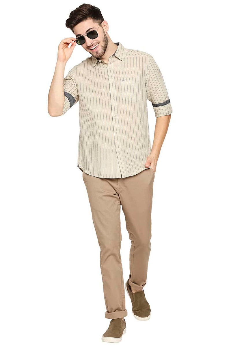 BASICS SLIM FIT COTTON LINEN STRIPE SHIRT