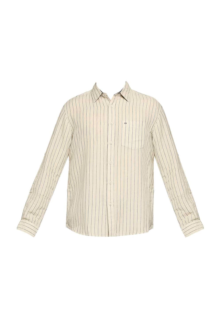 BASICS SLIM FIT SAFARI ECRU COTTON LINEN STRIPE SHIRT