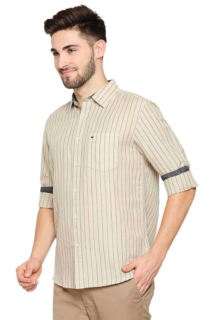 BASICS SLIM FIT SAFARI ECRU COTTON LINEN STRIPE SHIRT