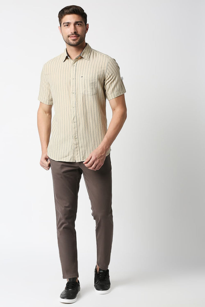 Slim Fit Cotton Linen Stripe Halfsleeves Shirt