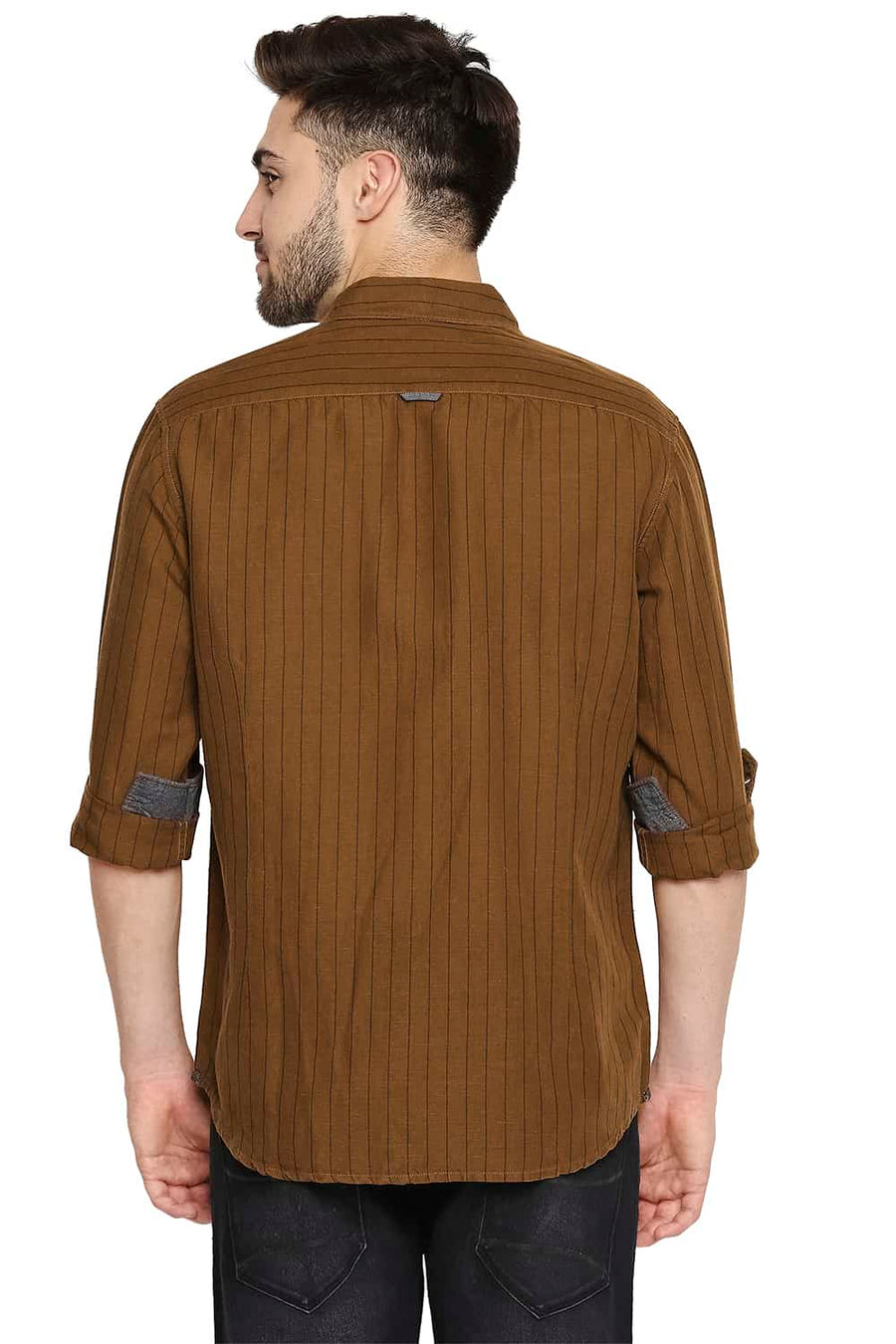 BASICS SLIM FIT ROASTED KHAKI COTTON LINEN STRIPE SHIRT