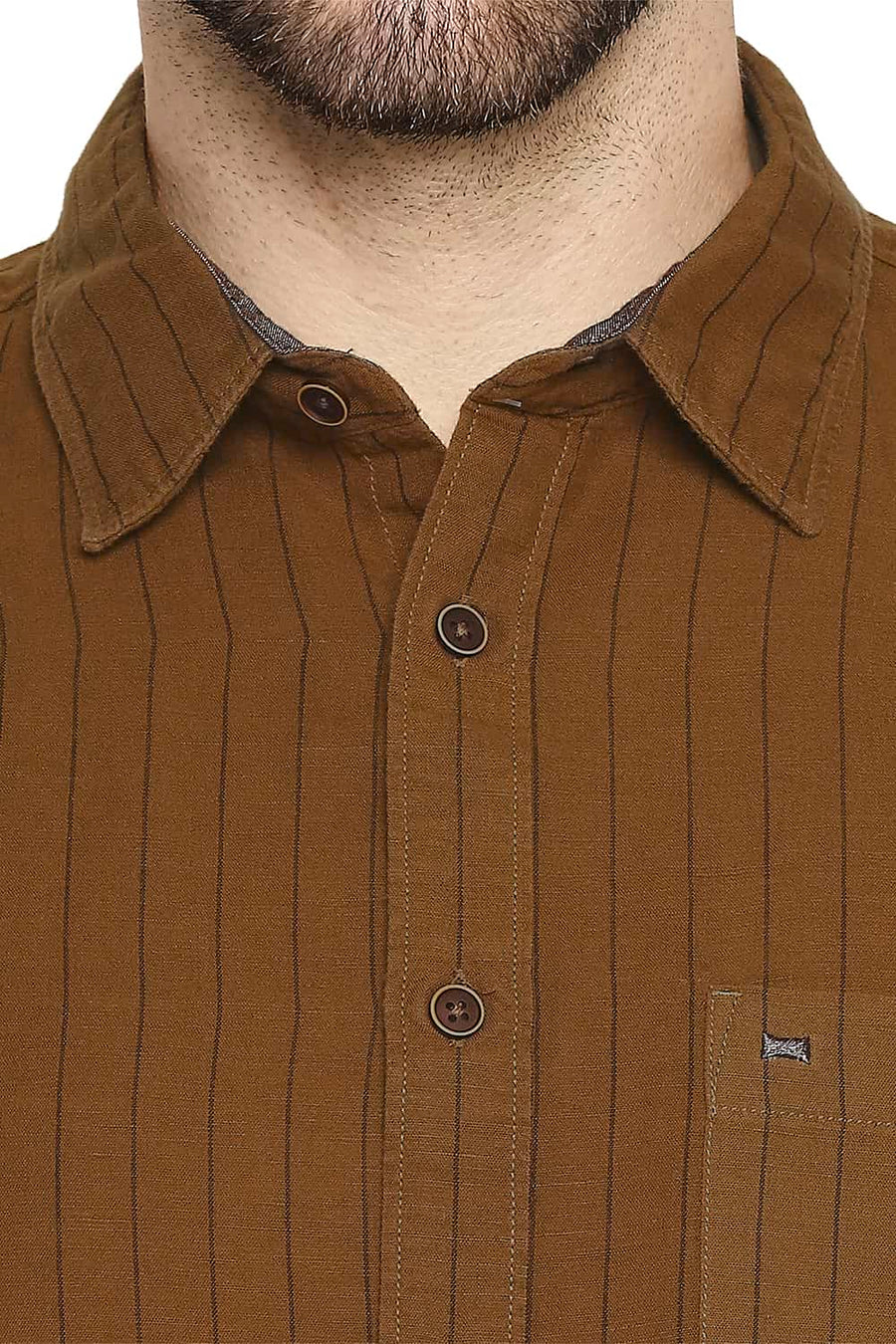 BASICS SLIM FIT ROASTED KHAKI COTTON LINEN STRIPE SHIRT