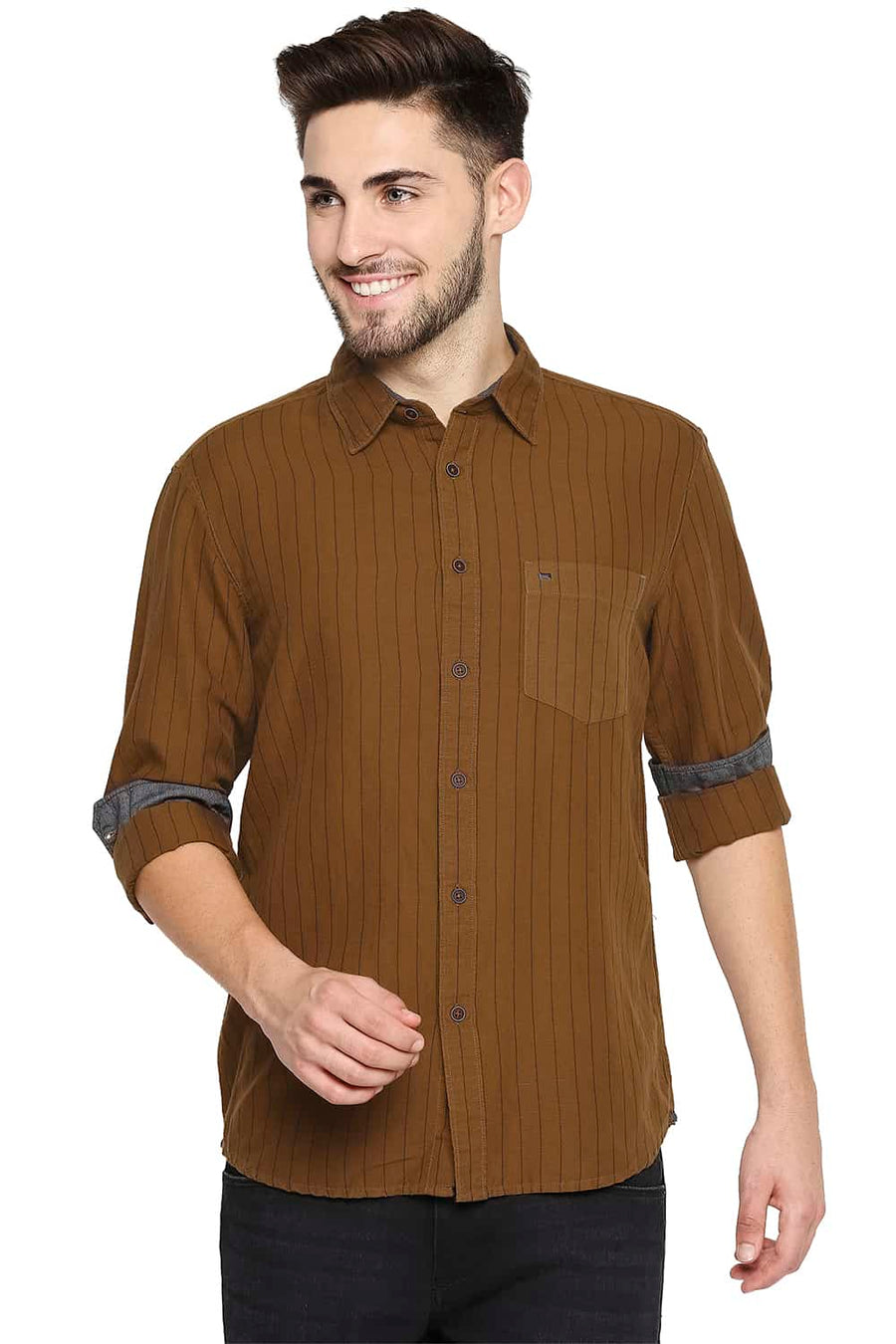 BASICS SLIM FIT ROASTED KHAKI COTTON LINEN STRIPE SHIRT