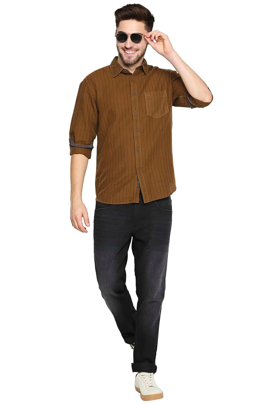 BASICS SLIM FIT ROASTED KHAKI COTTON LINEN STRIPE SHIRT