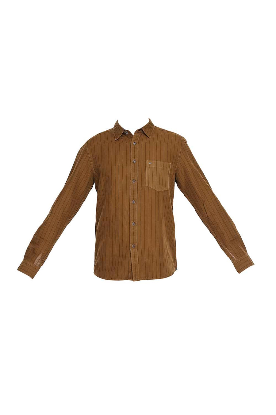 BASICS SLIM FIT ROASTED KHAKI COTTON LINEN STRIPE SHIRT