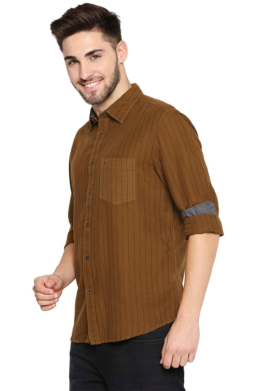 BASICS SLIM FIT ROASTED KHAKI COTTON LINEN STRIPE SHIRT