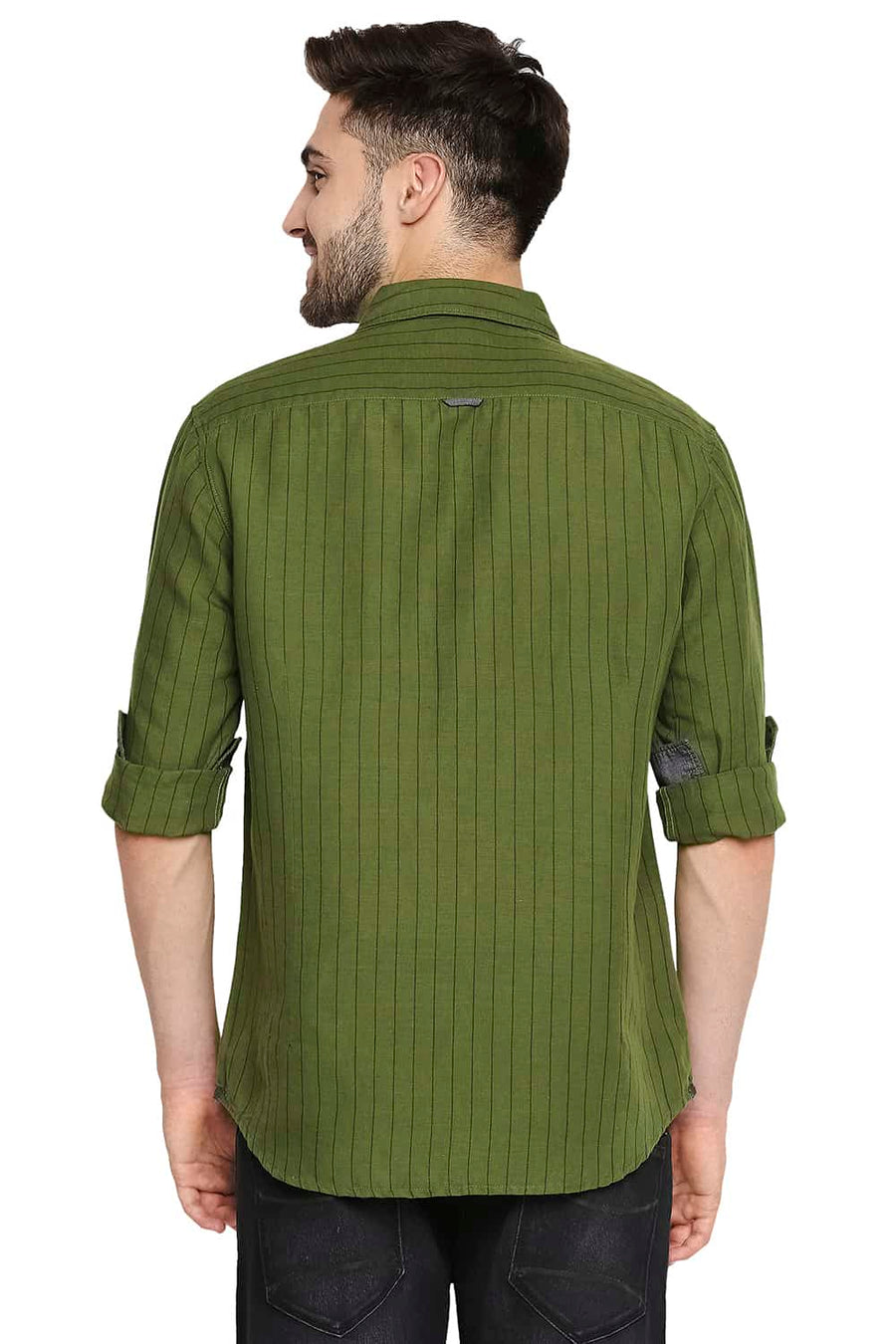 BASICS SLIM FIT PESTO GREEN COTTON LINEN STRIPE SHIRT