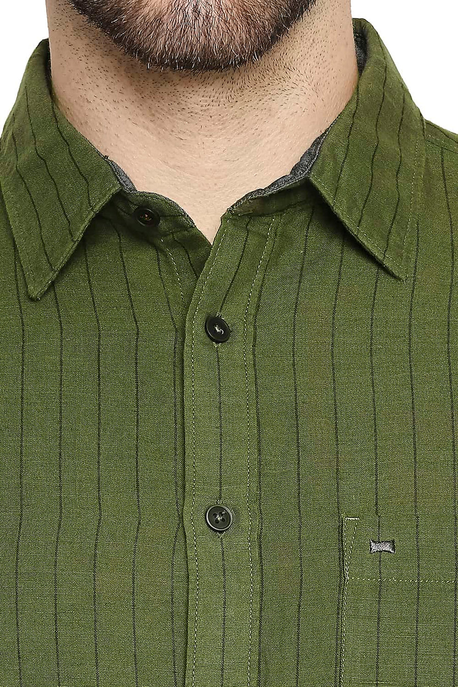BASICS SLIM FIT PESTO GREEN COTTON LINEN STRIPE SHIRT