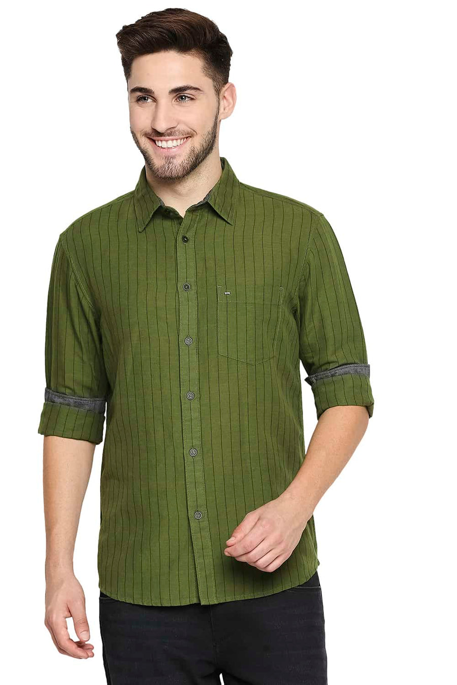 BASICS SLIM FIT PESTO GREEN COTTON LINEN STRIPE SHIRT