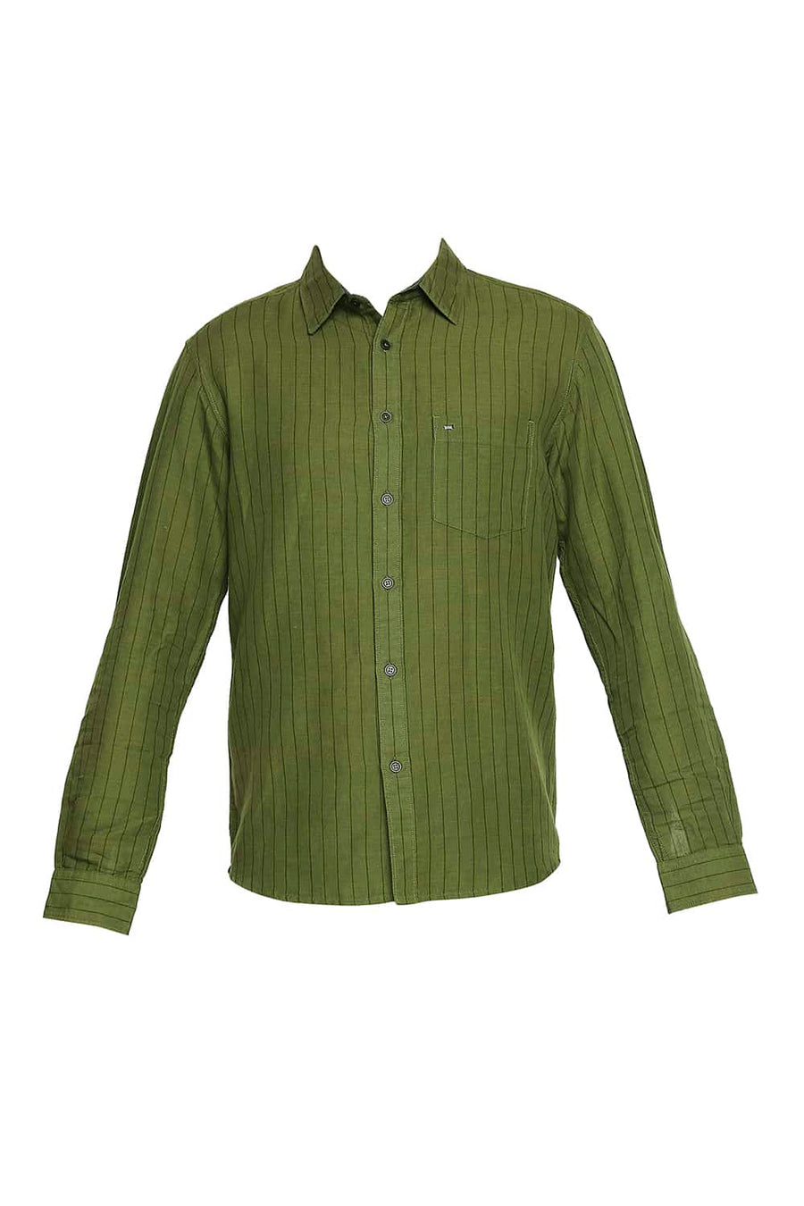 BASICS SLIM FIT PESTO GREEN COTTON LINEN STRIPE SHIRT