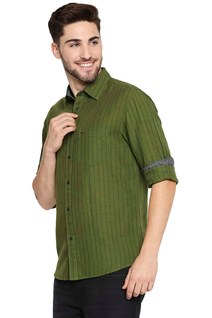 BASICS SLIM FIT PESTO GREEN COTTON LINEN STRIPE SHIRT