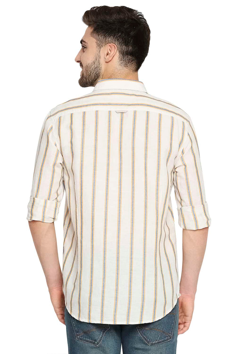 BASICS SLIM FIT ARTISAN YELLOW COTTON LINEN STRIPE SHIRT
