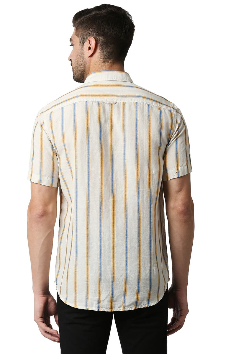 BASICS SLIM FIT COTTON LINEN STRIPE HALFSLEEVES SHIRT