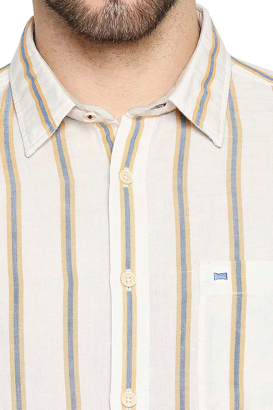 BASICS SLIM FIT ARTISAN YELLOW COTTON LINEN STRIPE SHIRT