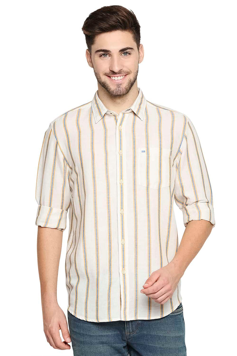 BASICS SLIM FIT ARTISAN YELLOW COTTON LINEN STRIPE SHIRT