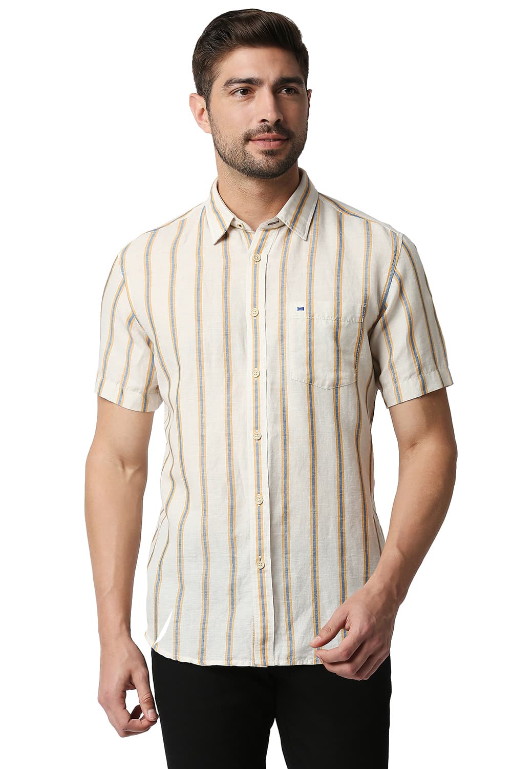 BASICS SLIM FIT COTTON LINEN STRIPE SHIRT