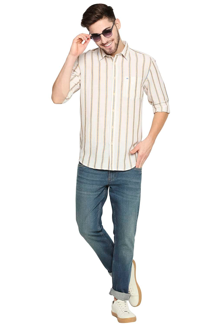 BASICS SLIM FIT ARTISAN YELLOW COTTON LINEN STRIPE SHIRT