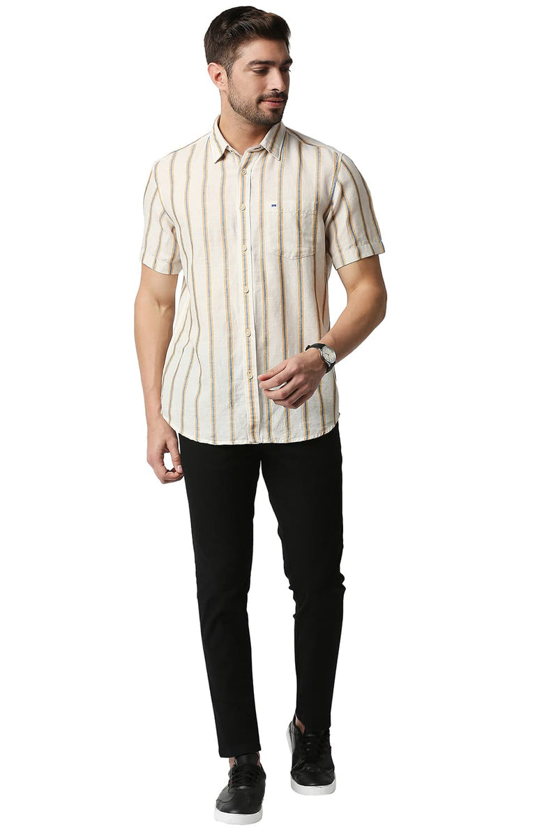 BASICS SLIM FIT COTTON LINEN STRIPE HALFSLEEVES SHIRT