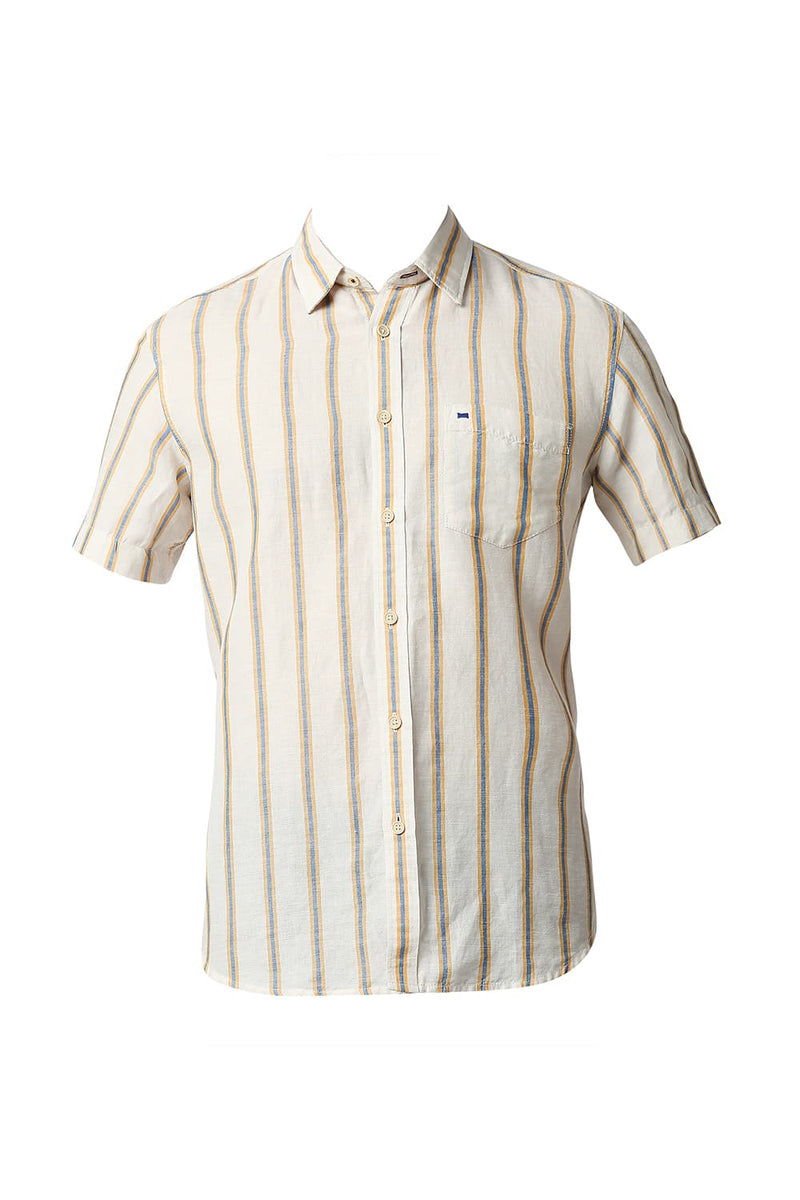 BASICS SLIM FIT COTTON LINEN STRIPE HALFSLEEVES SHIRT