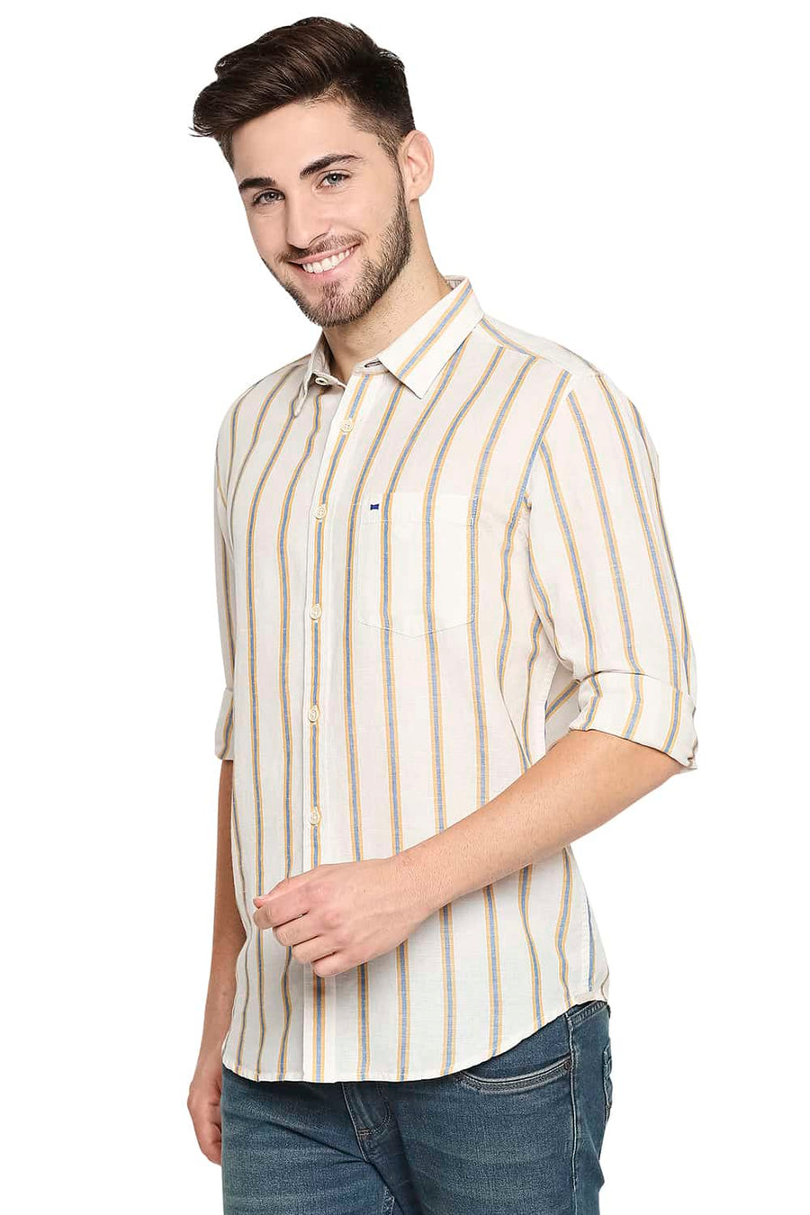 BASICS SLIM FIT ARTISAN YELLOW COTTON LINEN STRIPE SHIRT